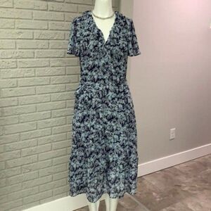 Michael Kors Women Blue Floral Flutter Sleeve Wrap Dress Size S